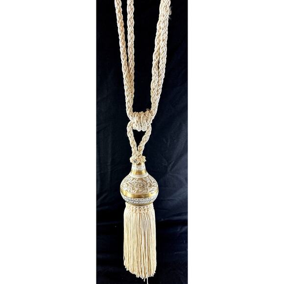Vintage Curtain Tieback Tassel w/ Gold Etched Metal Accent Cream Rope 27” - Picture 1 of 5